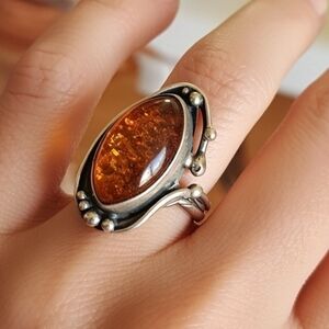 Vintage Chunky Amber and Sterling Silver Women's Ring Size 8 Fine Jewelry